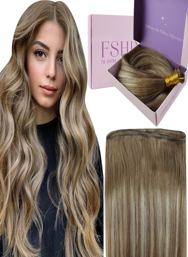 Fshine Sew in Genius Weft Hair Extensions Human Hair Color Chestnut Brown Fading to Platinum Blonde Natural Hair Extensions 18 Inch Brazilian 50g Remy Hair for Women - Image 1